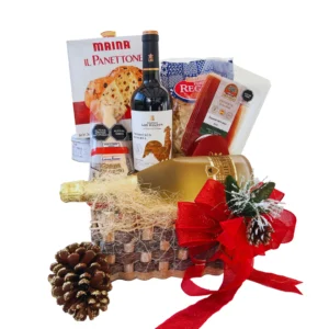 Canasta gourmet Regalo de Amor con vino tinto, espumante dulce, jamón serrano, queso Grana Padano, panetón, pasta italiana y chocolates Sorini